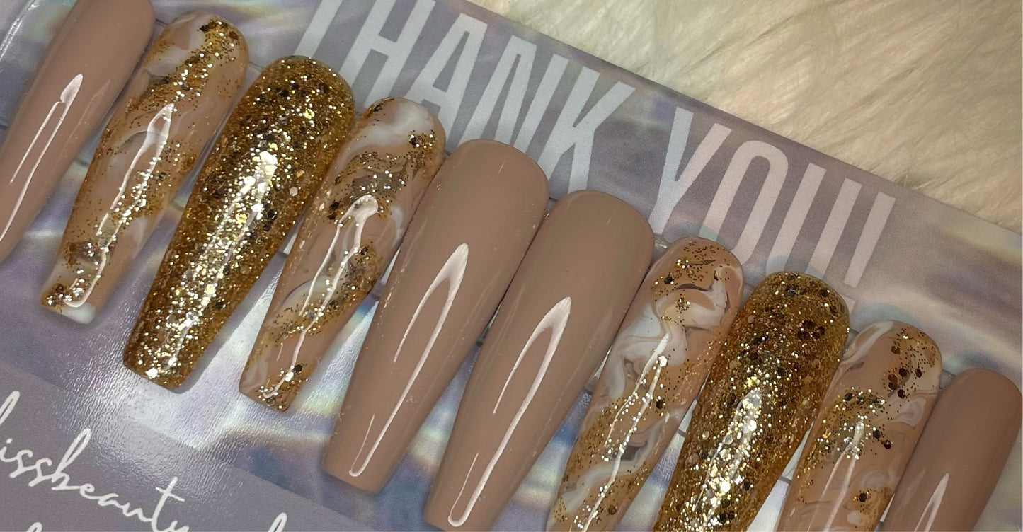 ‘HALEY’ Press on Nails - Gold Marble Glam